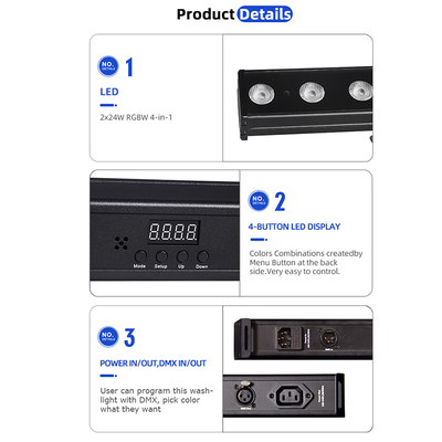 ওয়াশ লাইট IP20 DMX512 উন্নত স্মার্ট সঙ্গীত সমাধান 24*2W RGBW LED লাইট লিনিয়ার বার ওয়াল ওয়াশার
